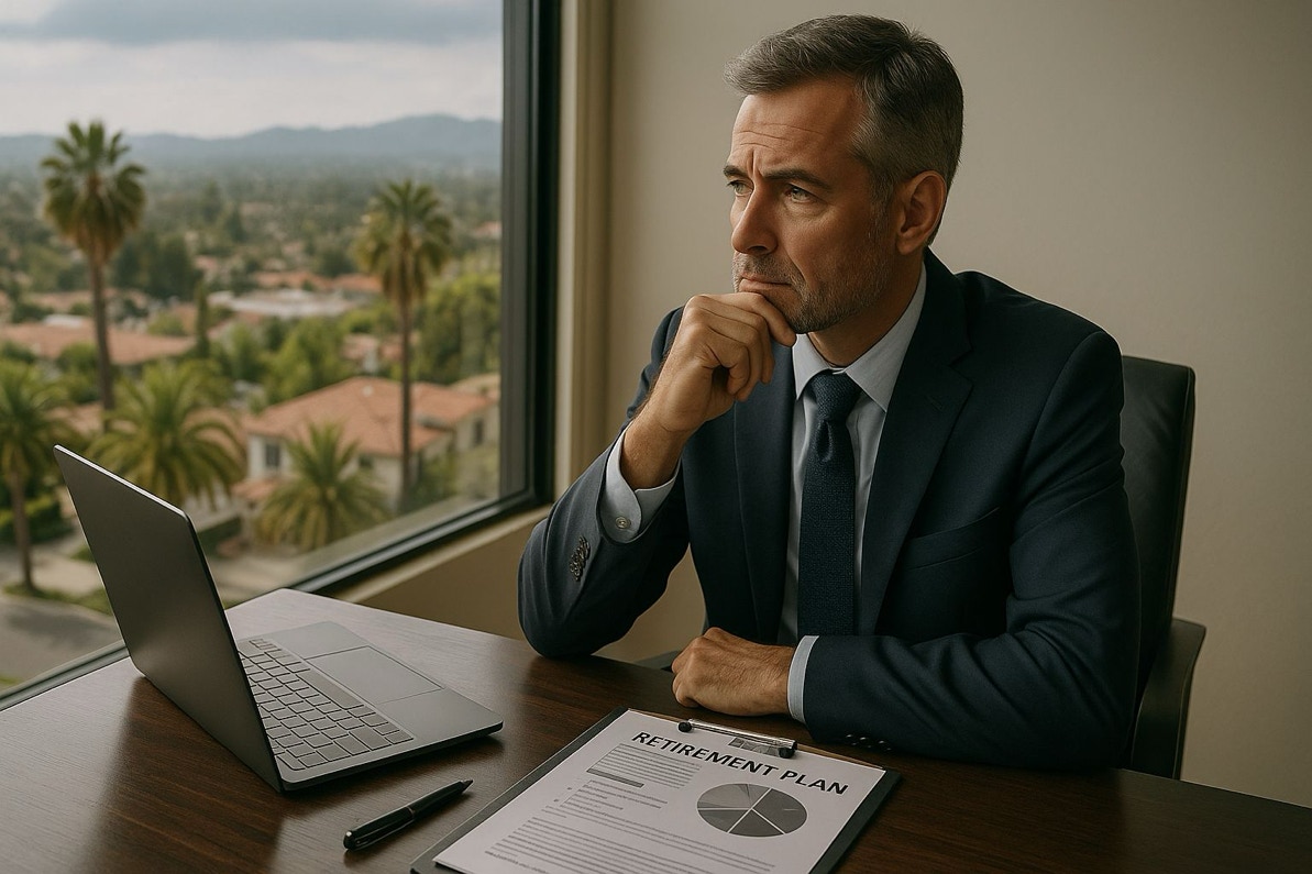 Orange County business owner contemplating his retirement plan benefits for employees Orange County business owner contemplating his retirement plan benefits for employees